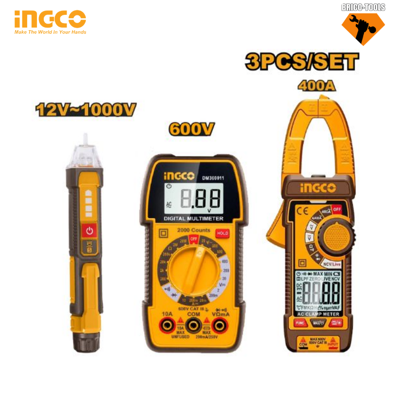 3 PCS DIGITAL MULTIMETER INGCO AC CLAMP METER & DETECTOR TEST KIT DM3068