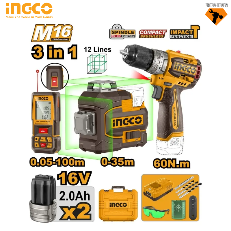 COMBO KIT 3EN1 ME 2 BATTERIES 16V/2.0AH INGCO COSLI250101