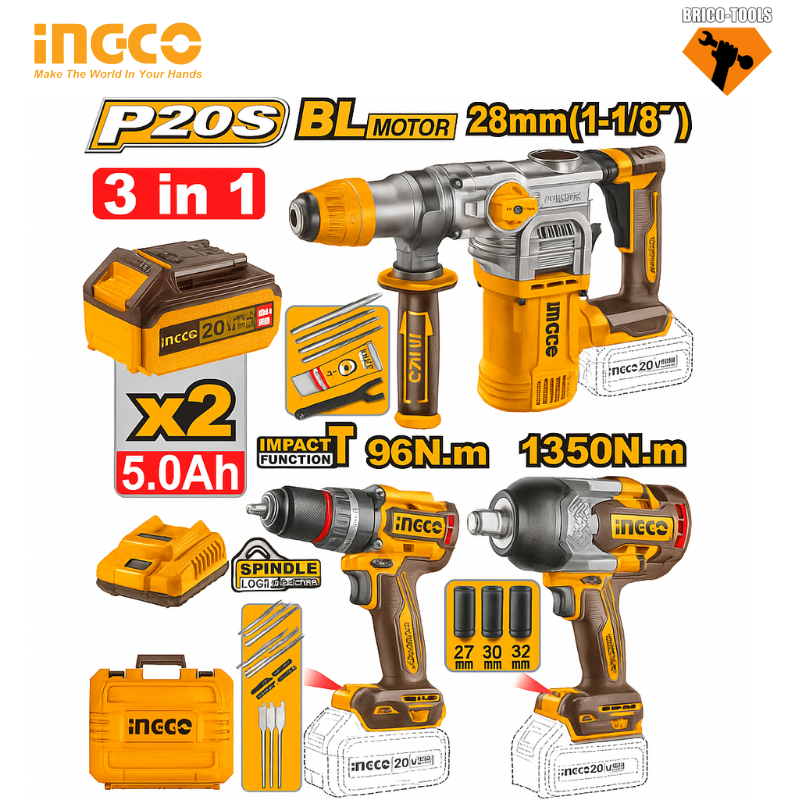 ENSEMBLE COMBINÉ 3 PIÈCES INGCO 20V COSLI250281