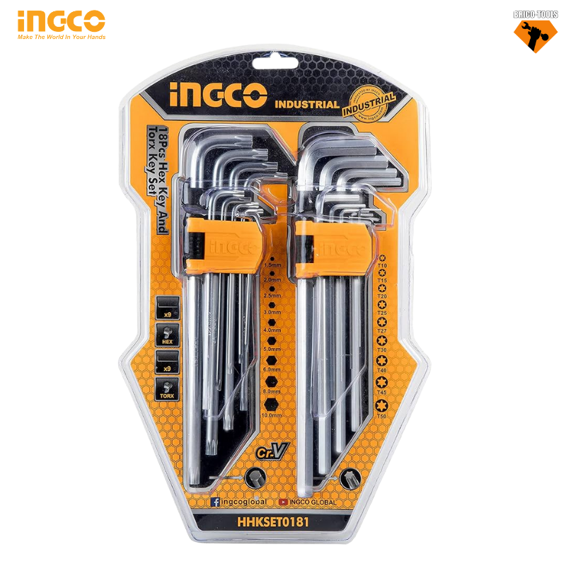 ENSEMBLE D'OUTILS HEX KEY AND TORX KEY SET INGCO HHKSET0181