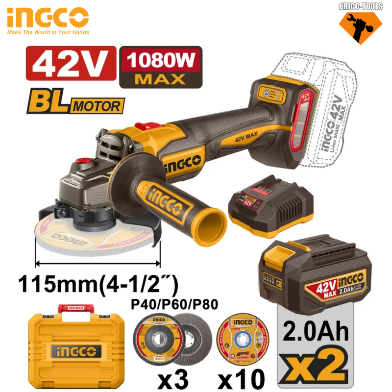 MEULE À DISQUE SANS FIL 42V AVEC 2 BATTERIES 2,0 AH 42V CAGLI4108112