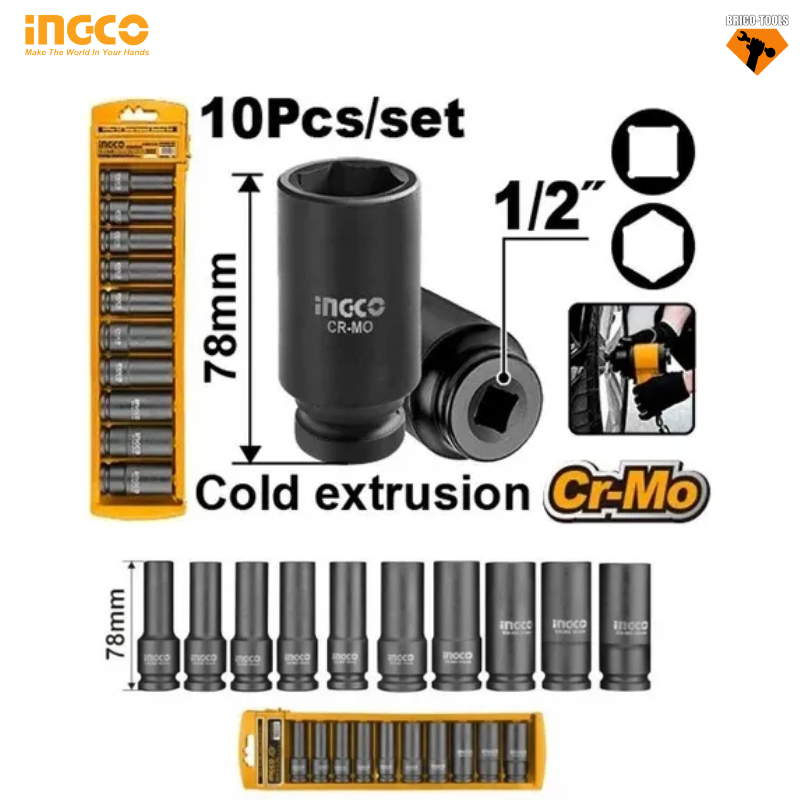 SET DE 10 DOUILLES LONGUES 1/2 À CHOC INGCO HKISSD121