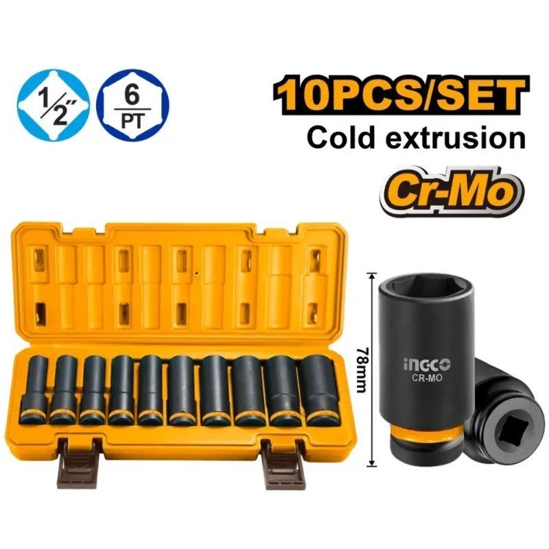 10 PCS 1/2" JEU DE DOUILLES A CHOC PROFONDE INGCO HKISSD12102L