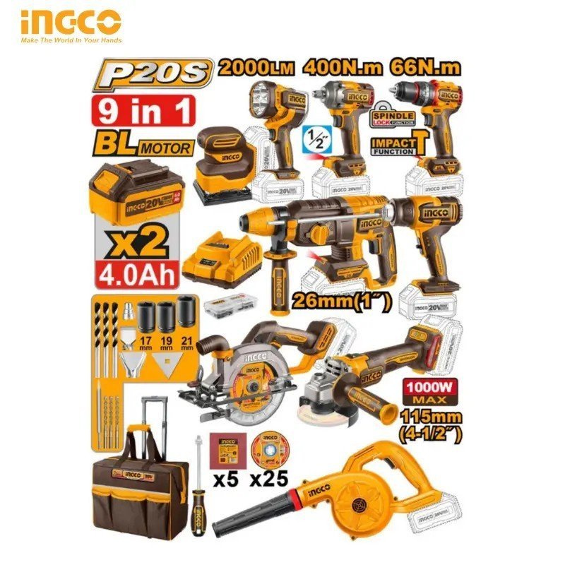INGCO 9 PIECE CORDLESS INDUSTRIAL COMBO KIT COSLI250381 1 INGCO 9 PIECE CORDLESS INDUSTRIAL COMBO KIT COSLI250381
