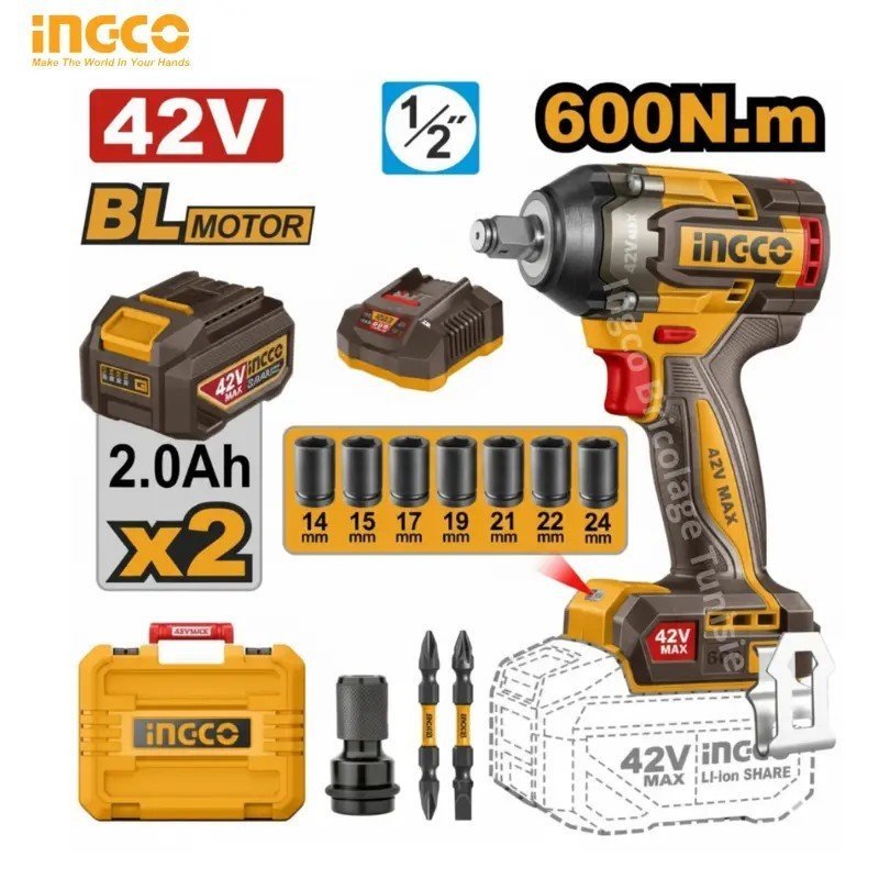 CLÉ À CHOC SANS FIL 42V INGCO CIWLI42602 1 CLÉ À CHOC SANS FIL 42V INGCO CIWLI42602