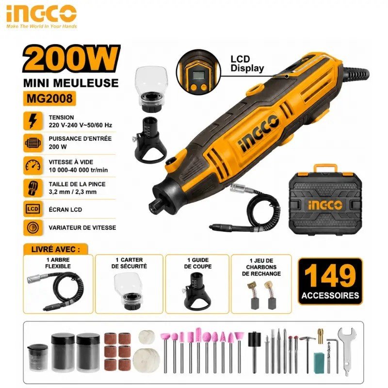 MINI MEULEUSE 200W AVEC 149 PIECES ACCESSOIRES INGCO MG2008 1 MINI MEULEUSE 200W AVEC 149 PIECES ACCESSOIRES INGCO MG2008