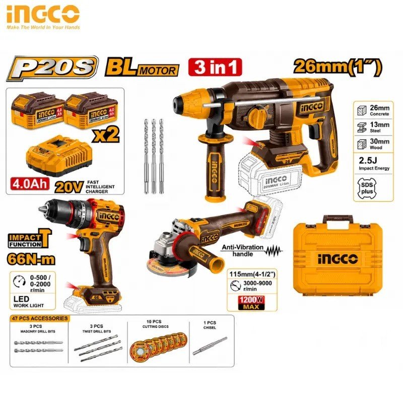 PACK 3 PCS INGCO MARTAUX + VISSEUSE + MEULE CKLI202598 1 PACK 3 PCS INGCO MARTAUX + VISSEUSE + MEULE CKLI202598