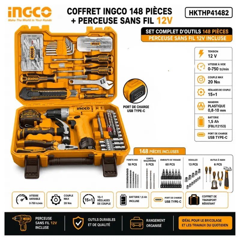 COFFRET INGCO 148 PIÈCES + PERCEUSE SANS FIL 12V HKTHP41482 1 COFFRET INGCO 148 PIÈCES + PERCEUSE SANS FIL 12V HKTHP41482