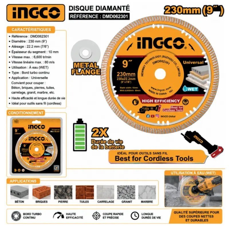 DISQUE DE COUPE DIAMANTÉ ULTRA-MINCE INGCO DMD062301 1 DISQUE DE COUPE DIAMANTÉ ULTRA-MINCE INGCO DMD062301