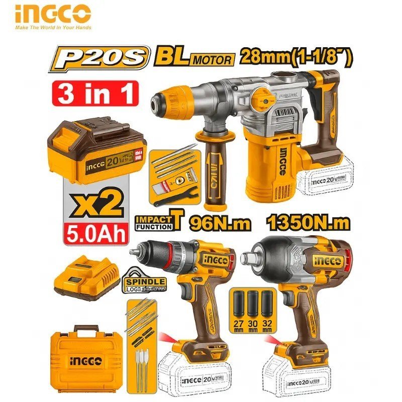 ENSEMBLE COMBINÉ 3 PIÈCES INGCO 20V COSLI250281 1 ENSEMBLE COMBINÉ 3 PIÈCES INGCO 20V COSLI250281
