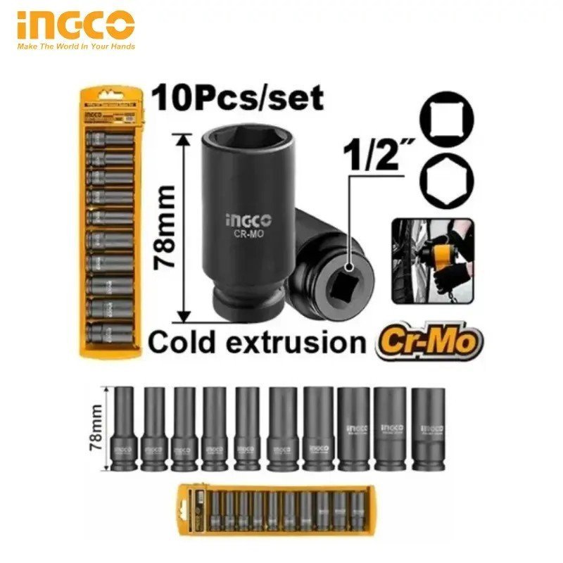 SET DE 10 DOUILLES LONGUES 1/2 À CHOC INGCO HKISSD121 1 SET DE 10 DOUILLES LONGUES 1/2 À CHOC INGCO HKISSD121