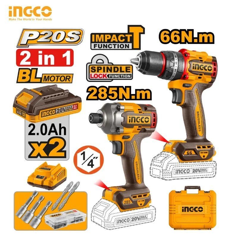 CORDLESS 2PCS COMBO KIT INGCO CKLI20277 1 CORDLESS 2PCS COMBO KIT INGCO CKLI20277