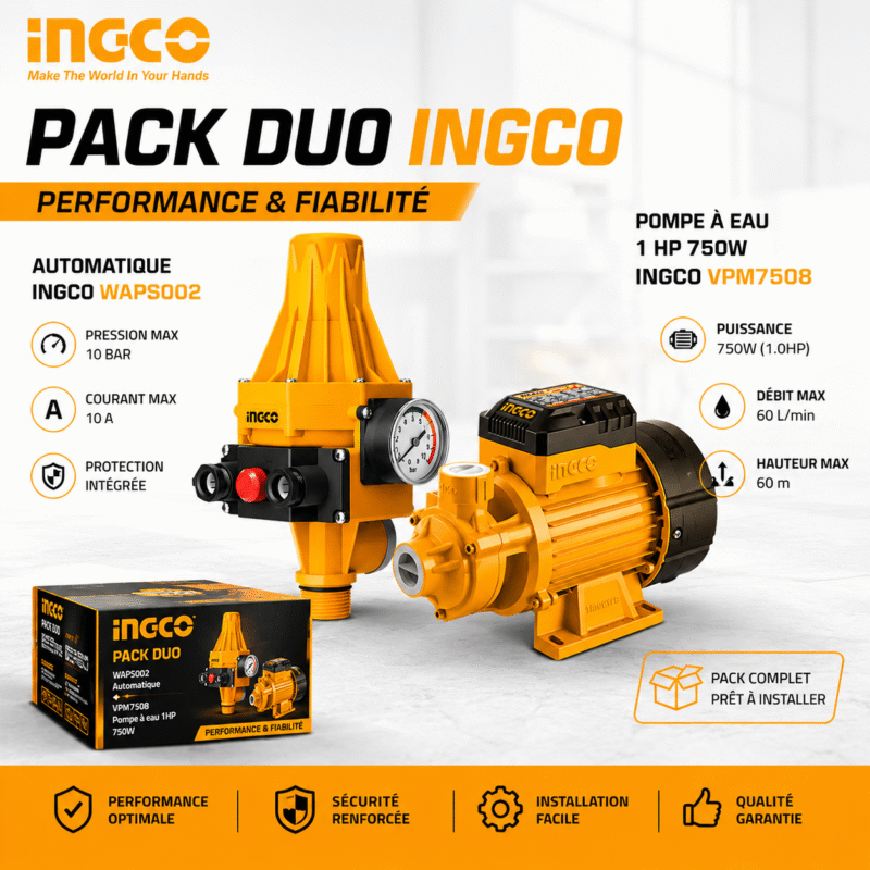 Pack Automatique INGCO WAPS002 + Pompe à Eau 1 HP 750W VPM7508